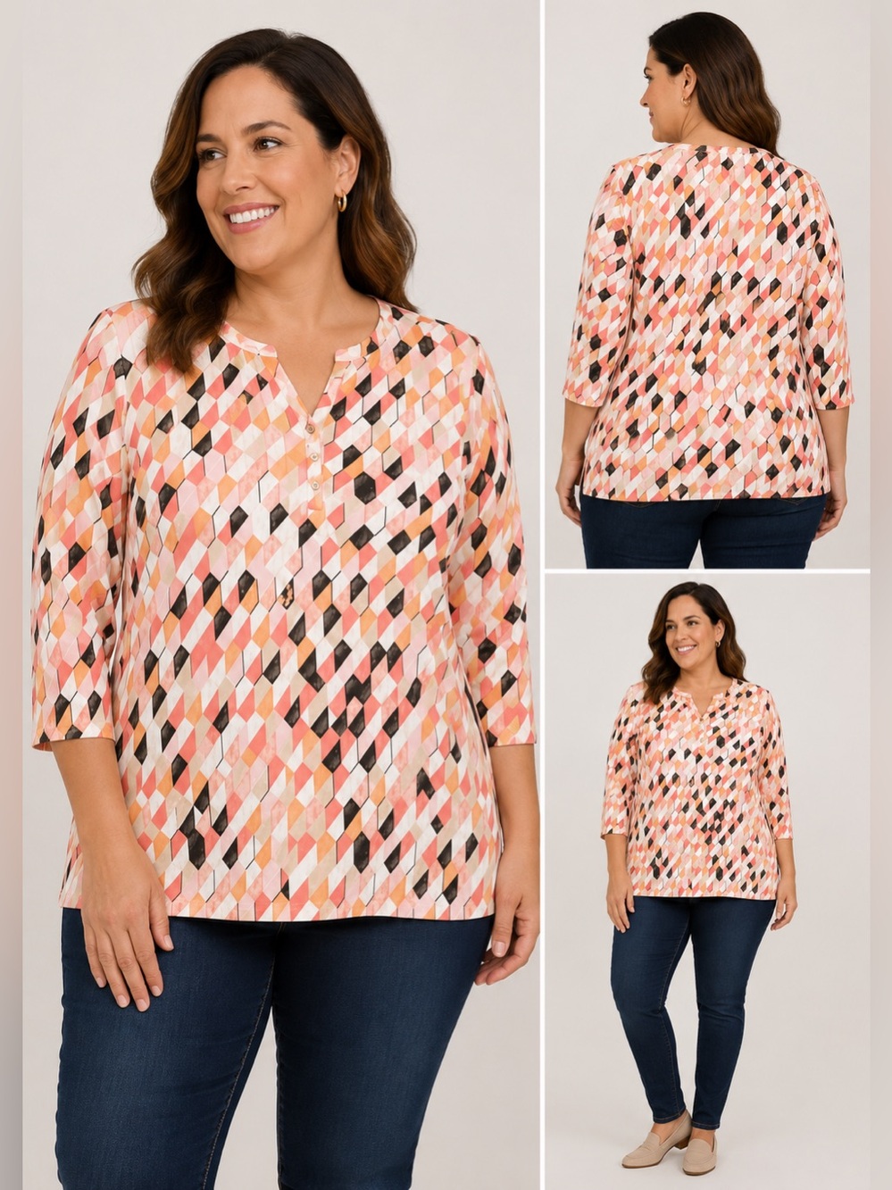Karen Scott Geometrical 3/4 sleeve 3 Button Blouse Size 1X
